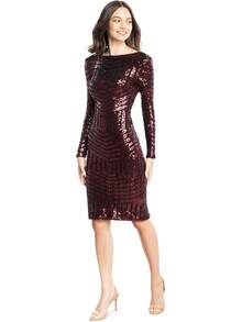 Dress the Population Emery Vestido Midi Bodycon de Manga Larga con Cuello Redondo y Espalda Baja Vestido para Mujer - Rojo Multi - Ver 1