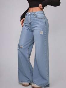Straight Leg Jeans In Washed Blue Denim With Rips - tozlu mavi - Görünüm 3