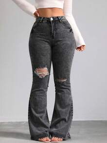 Floor-Length, High-Waisted Flare Trousers With One-Sided Rips At The Knees, High Elasticity, Fitted, Available In Multiple Shades, Retro Flowy Drape - Dark Grey - View 2