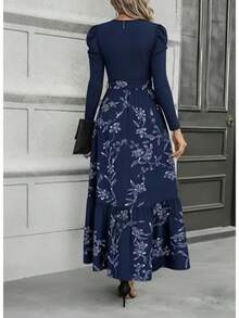 Abito elegante e casual da tutti i giorni, con stampa floreale, patchwork, in tessuto lavorato a maglia, con zip in vita, adatto per l'ufficio, la primavera, l'autunno e le vacanze - Blu reale - Visualizzare 3