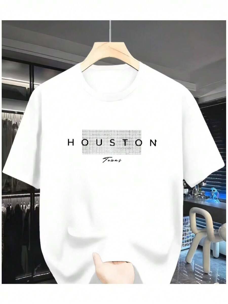 Camiseta Casual para Hombre con Estampado HOUSTON - Cómoda Manga Corta de Verano, , Tejido Ligero de Poliéster, Cuello Redondo, Lavable a Máquina, Camiseta para Uso Diario | Estilo Casual - Blanco - Ver 1