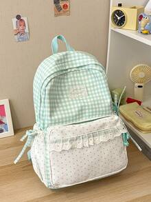 Gingham Spliced Mini Polka Dot Backpack With Lace Ruffle Trim And Side Bow, Lightweight College Student Backpack For Daily Commute & Back-To-School - Multicolor - View 15