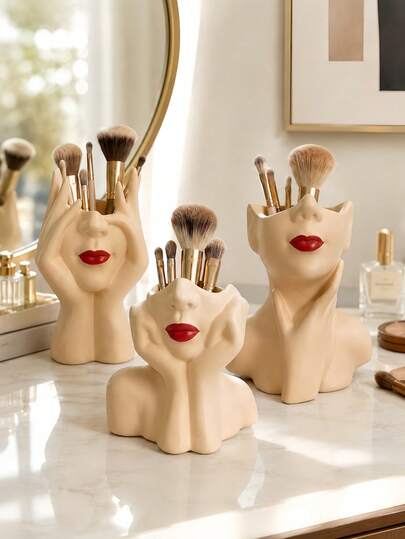 1pc Abstract Face Makeup Brush Holder, Cream Beige Resin With Red Lip Detail, Multipurpose Cosmetic Organizer Pen Holder For Vanity Bathroom Countertop