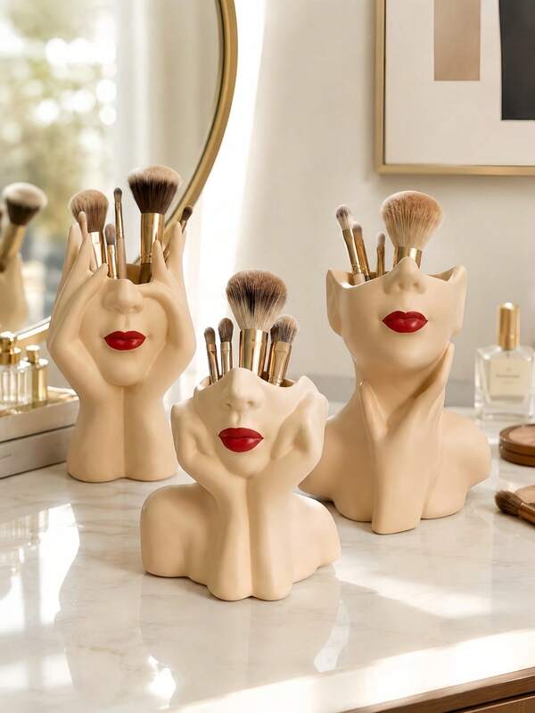 1pc Abstract Face Makeup Brush Holder, Cream Beige Resin With Red Lip Detail, Multipurpose Cosmetic Organizer Pen Holder For Vanity Bathroom Countertop