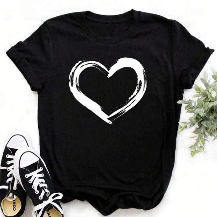 Long-Term Wholesale Supply Of Women's Clothing For European And American Cross-Border Trade, Plus Size Short-Sleeved T-Shirts With Heart-Shaped Round Neck, Sen - 黑色 - 查看 2