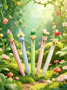 5pcs Creative Plant Shaped Neutral Pens, Random Cute Potted Plant Design Neutral Pens, 0.5mm Quick-Dry Black Ink Ballpoint Pens, First Day Of School - Multicolor - View 5