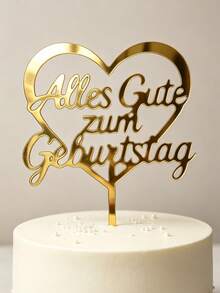 3件組 金色鏡面壓克力德文生日蛋糕插牌 Alles Gute Zum，附心形邊框、流暢手寫體字體與插棒，堅固鏡面 PMMA，適用德語區生日蛋糕裝飾 - A - 查看 3