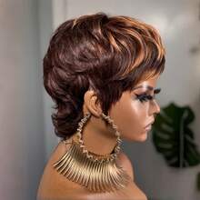 Women's Short Brazilian Remy Human Hair Wig, Mullet Style Pixie Cut, 27/613, 1B Black, 4/33 Color, Cute Short Mullet Wig With Bangs, Layered Design, Easy To Wear No Lace Front, Natural Curly Hair, Suitable For All Ethnicities - Multicolor - View 16
