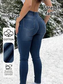 跨境四季通用簡約優雅休閒女款牛仔緊身牛仔褲 - 深色水洗藍 - 查看 1