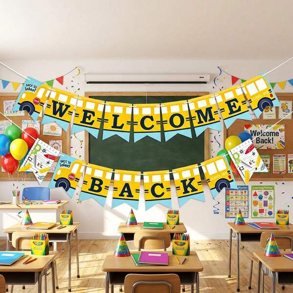 Back to School-banderoll med buss, välkomstskylt, färgglad dekoration för anslagstavla, ljus festflagga, hängande banderoll, första skoldagen, vimpelguirland för klassrum, lärarkontor och kontorsmaterial