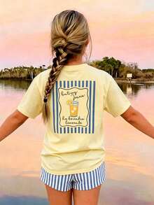 2pcs/Set Tweed Girl Lemon Quote Whale Print Pullover Crew Neck T-Shirt And Blue Stripes Shorts Set,Suitable For Everyday Wear And School Uniforms. - 黃色 - 查看 1