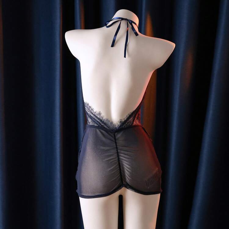 2pcs/Set Gaun Selip Bodycon Renda Seksi untuk Pesta Klub Wanita, Pakaian Dalam untuk Peran Sekretaris - Navy Blue - View 7