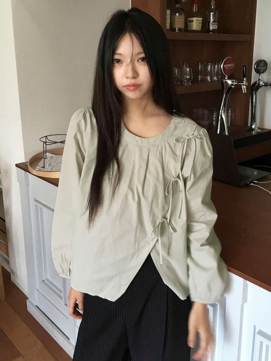 韓式風格春/秋新款時尚優雅圓領不規則領結蝴蝶結女式上衣 - 杏色 - 查看 1