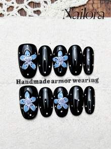 10 Peças Unhas Postiças Ovais Feitas à Mão, Unhas Acrílicas Curtas Pretas Vestíveis DIY com Design Floral Degradê 3D Pintado à Mão com Bolinhas, Adesivos de Arte de Unhas DIY de Verão, Adequado para Festa, Uso Diário, Encontro, Praia, Looks de Férias, Presente para Mulheres e Meninas, Suprimentos de Arte de Unhas Unhas Postiças Feitas à Mão - Preto - Visão 1