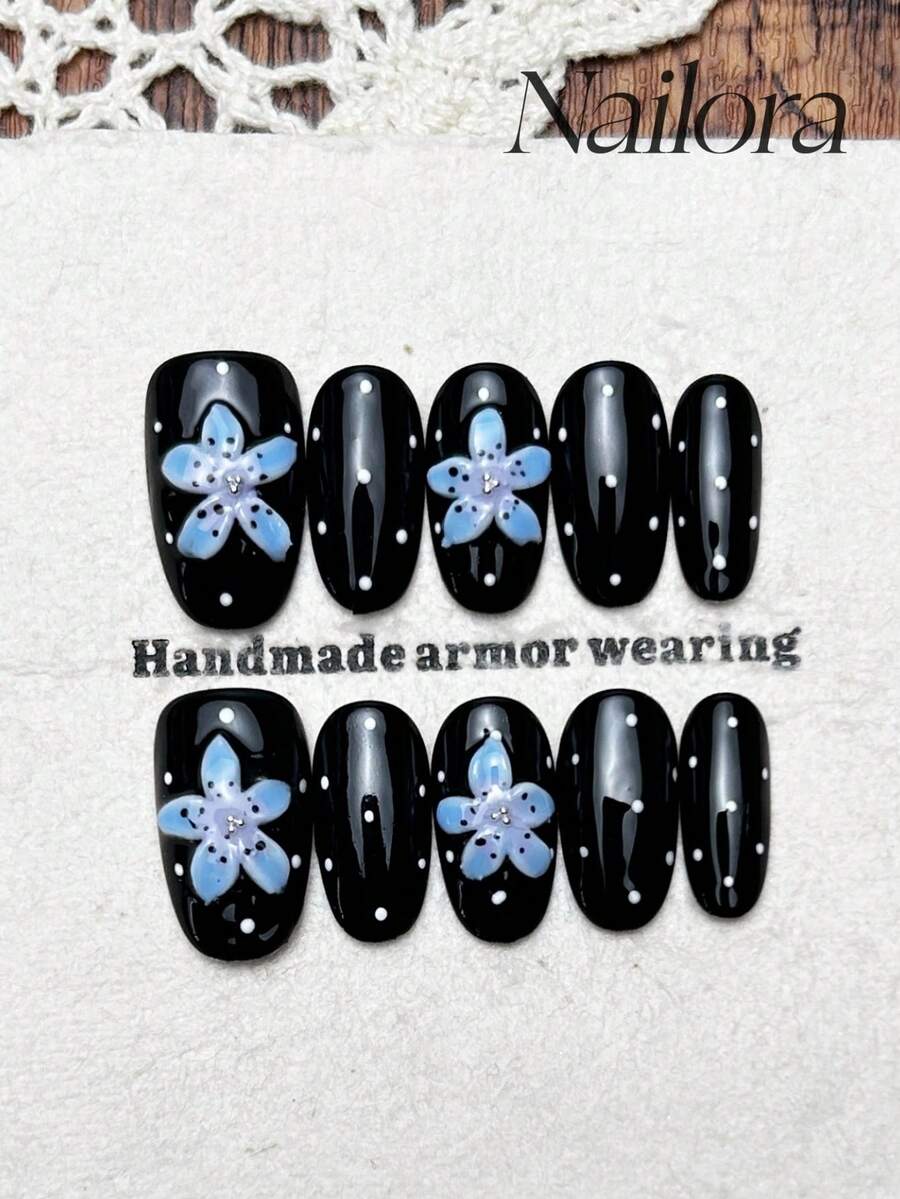 10 Peças Unhas Postiças Ovais Feitas à Mão, Unhas Acrílicas Curtas Pretas Vestíveis DIY com Design Floral Degradê 3D Pintado à Mão com Bolinhas, Adesivos de Arte de Unhas DIY de Verão, Adequado para Festa, Uso Diário, Encontro, Praia, Looks de Férias, Presente para Mulheres e Meninas, Suprimentos de Arte de Unhas Unhas Postiças Feitas à Mão - Preto - Visão 1