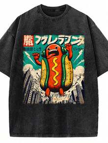 Camiseta con estampado de perrito caliente con efecto lavado y explosivo, camiseta de marca de moda retro de alta calidad con estampado de cera, camiseta unisex, moda diaria, regalo navideño - Negro - Ver 1