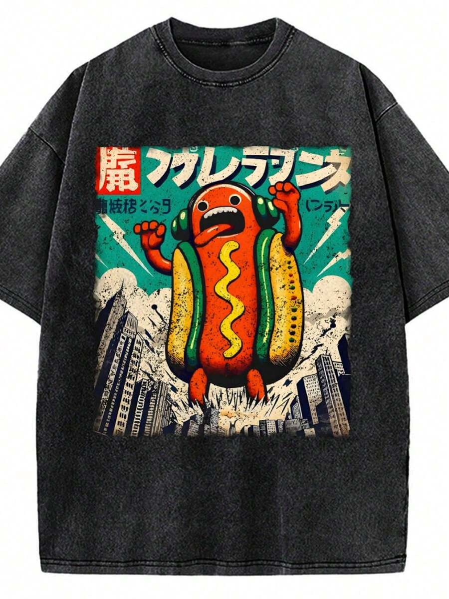 Camiseta con estampado de perrito caliente con efecto lavado y explosivo, camiseta de marca de moda retro de alta calidad con estampado de cera, camiseta unisex, moda diaria, regalo navideño - Negro - Ver 1