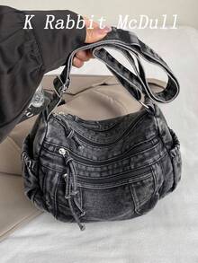 New Chic Casual Shoulder Bag Made Of Soft, Multi-Layered Denim With Multiple Pockets, Versatile, Suitable For Work, Shopping And Travel. - Black - View 1