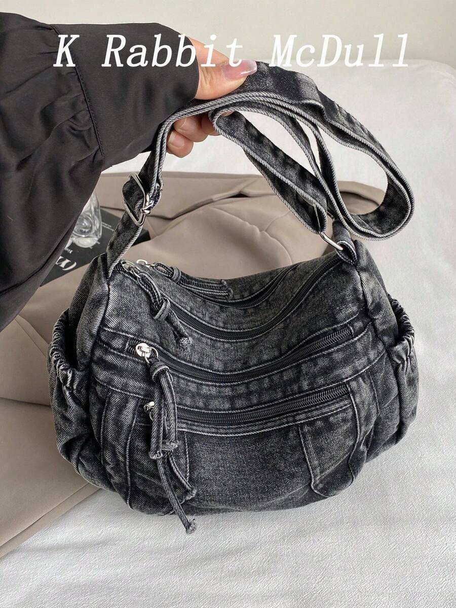 New Chic Casual Shoulder Bag Made Of Soft, Multi-Layered Denim With Multiple Pockets, Versatile, Suitable For Work, Shopping And Travel. - Black - View 1