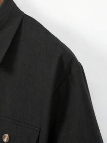 Men's 2 Pieces Linen Set, Summer New Men's Multi-Pocket Cargo Shirt Outfit, Loose Short Sleeve + Straight Leg Pants - Black - View 5