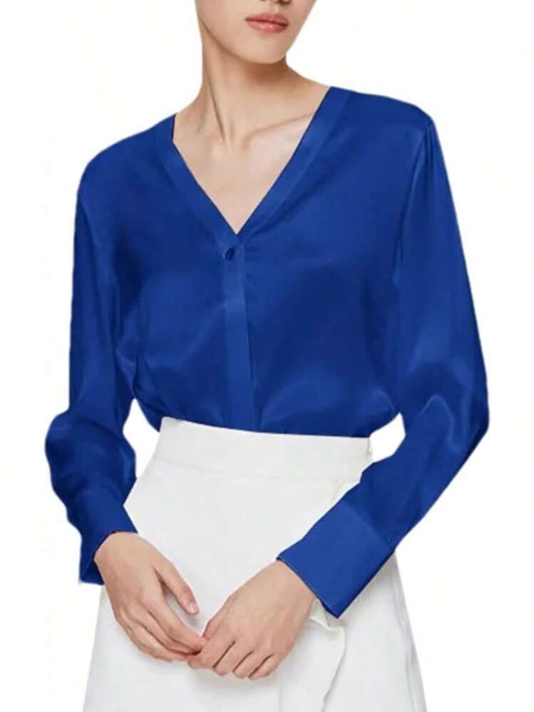 Blusa de manga larga brillante con cuello en V profundo para mujer - Negro - - Añade 10