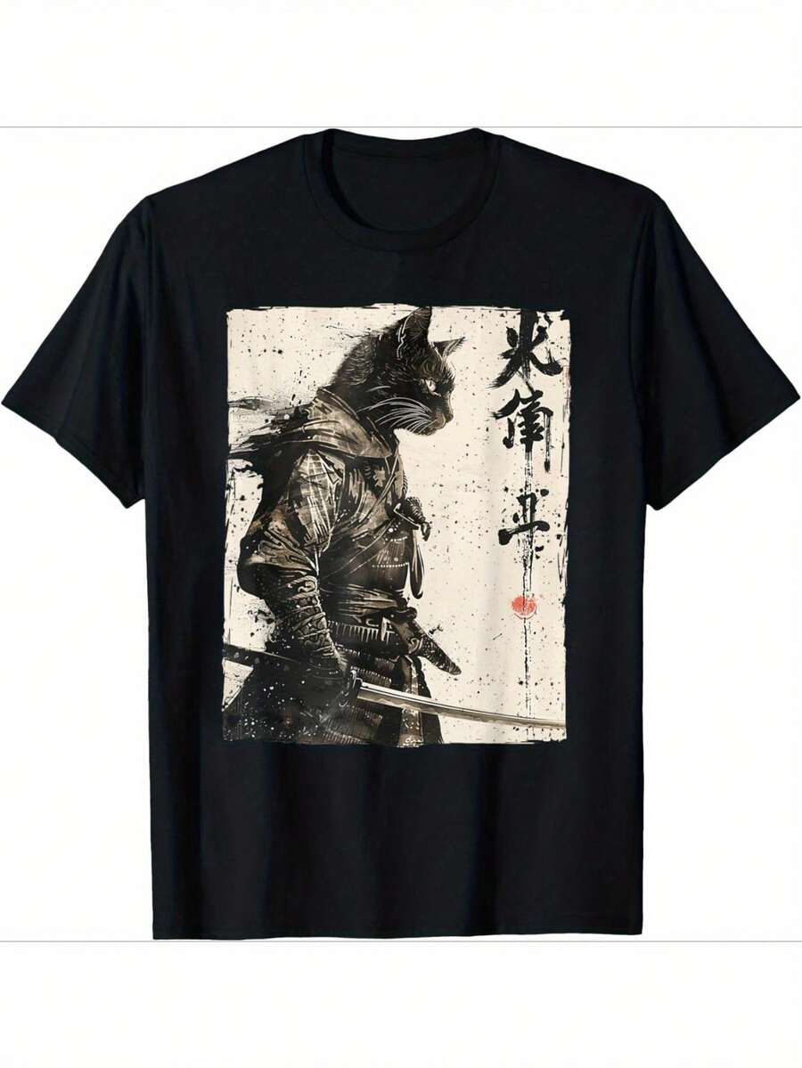 Samurai Cat Warrior Graphic T-Shirt - Black Cotton Tee For Men With Ukiyo Ink Artwork Design - 黑色 - 查看 1