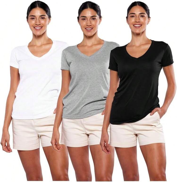 Alfani Playera para Mujer Cuello V, Manga Corta, 3Pack Multicolor - Blanco - Añade 1