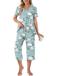 Anyally - Conjunto de pijama de verano para mujer, camisa de manga corta y pantalones capri de 2 piezas, pijama plisado con bolsillos - Mariposa azul plisada - Ver 13