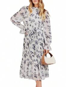 ANRABESS - Vestido midi floral para mujer, manga larga, con volantes, de gasa, acampanado, plisado, con cinturón, vestido de fiesta para té - Rosa rosado - Ver 13