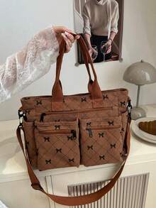 Bolso de hombro minimalista de unicolor conúltiples bolsillos, bolso cruzado casual de mujer, bolso de cubo de gran capacidad, bolso cruzado de hombro, adecuado para viajes al aire libre, - Marrón - Ver 1