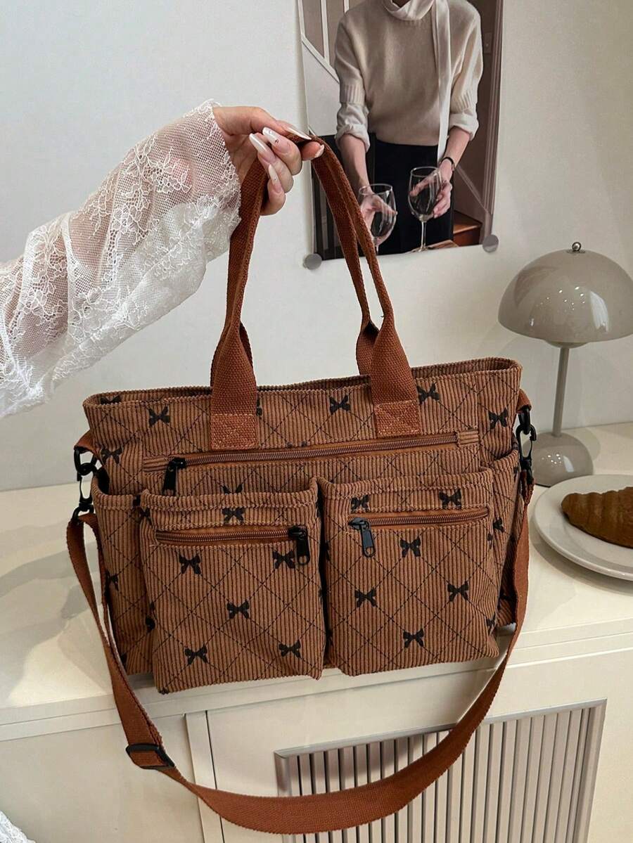 Bolso de hombro minimalista de unicolor conúltiples bolsillos, bolso cruzado casual de mujer, bolso de cubo de gran capacidad, bolso cruzado de hombro, adecuado para viajes al aire libre, - Marrón - Ver 1