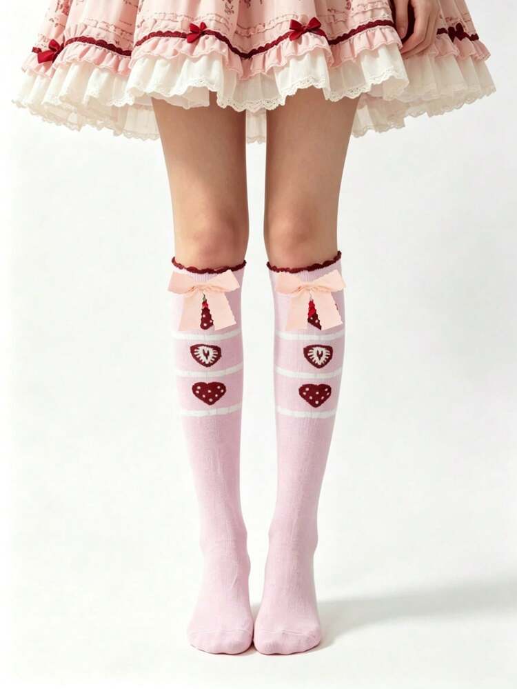 1 Pair Pink Cute Sweet Lolita Soft Girl Double Bow Strawberry Socks - Multicolor - View 4
