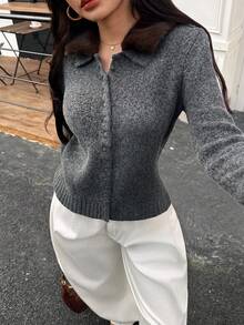 DEEKA 秋冬新款女式歐美風仿毛皮效果翻領針織毛衣外套 - 深灰色1 - 查看 6