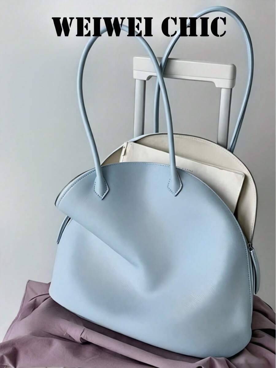 PU Leather Half-Moon Shoulder Bag, Light Blue Top Handle Bag, Spacious Zipper Wallet, Suitable For All Seasons, Perfect For Daily Use, Weekend Outings, Vacations, Ideal For Moms And Students - Blue - View 1