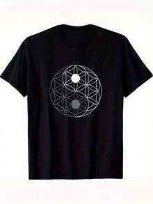 Camiseta Premium para Hombre 100% Algodón con Diseño de Geometría Sagrada Yin Yang y Flor de la Vida - Camiseta Casual de Manga Corta con Cuello Redondo en Color Negro para Primavera, Verano - Negro - Ver 1