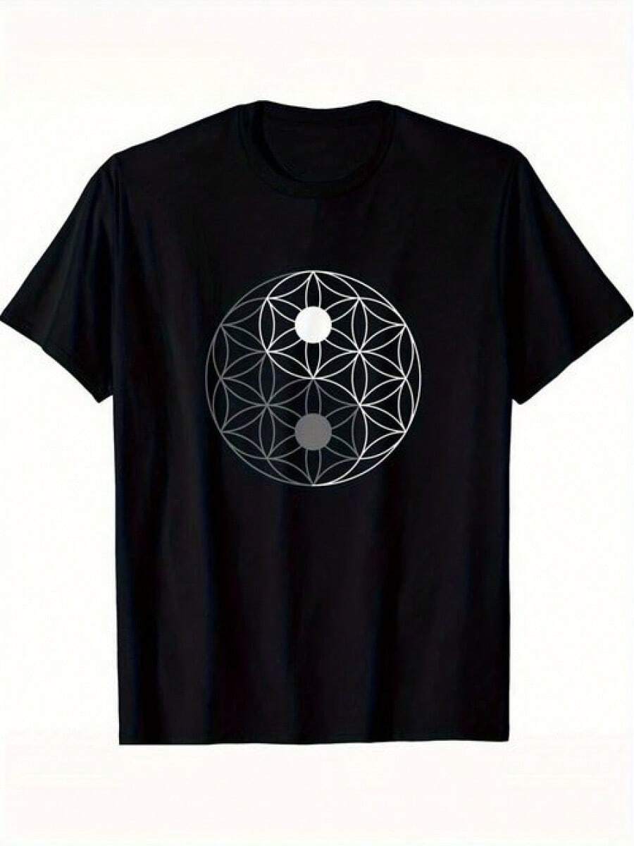 Camiseta Premium para Hombre 100% Algodón con Diseño de Geometría Sagrada Yin Yang y Flor de la Vida - Camiseta Casual de Manga Corta con Cuello Redondo en Color Negro para Primavera, Verano - Negro - Ver 1