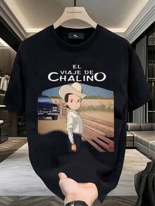 Men's Black T-Shirt - 100% Cotton - Anime Print "Chalino's Journey" - Casual Daily Wear - 180 Pure Cotton Summer T-Shirt, Comfortable And Multifunctional - 黑色 - 查看 1