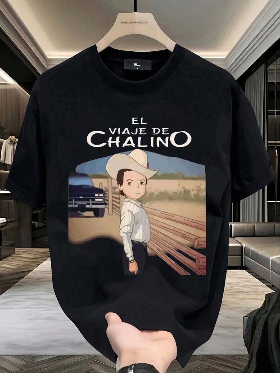 Men's Black T-Shirt - 100% Cotton - Anime Print "Chalino's Journey" - Casual Daily Wear - 180 Pure Cotton Summer T-Shirt, Comfortable And Multifunctional - 黑色 - 查看 1