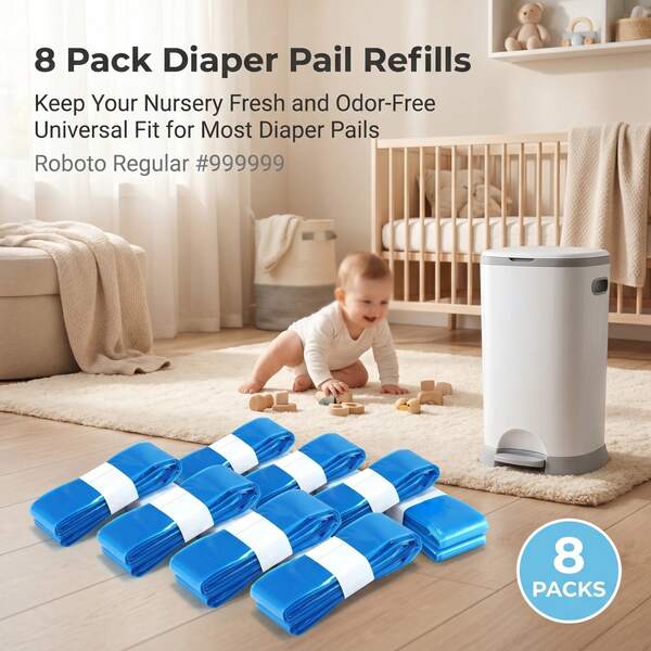8-Pack Diaper Pail Refill Bags, Each Bag 177.17 Inches Long, Holds 320 Diapers, Compatible With Your Angelcare And Diaper Pails, Fits All Trash Can Models