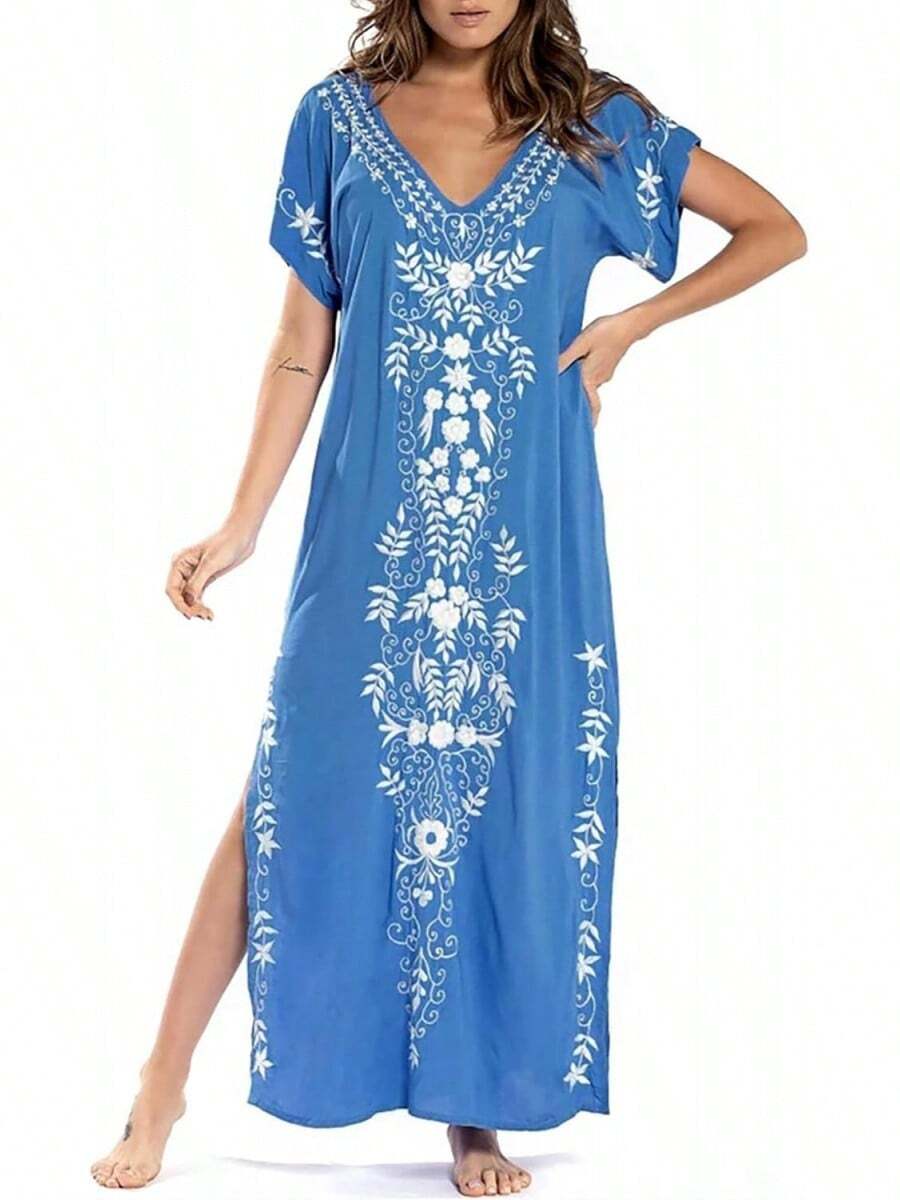 Bsubseach Vestido Largo de Playa de Manga Corta con Cuello en V Cubre Bikini para Mujer Bordado - Verde - Ver 1
