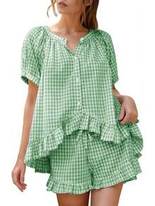 Flygo - Conjunto de pijama de cuadros para mujer, 2 piezas, de algodón, manga abombada, con volantes, conjunto de pijama de verano - Rosa - Ver 20