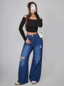 Jeans Rectos de Mezclilla Azul  Lavado con Roturas - Azul lavado medio - Ver 5