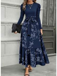 Abito elegante e casual da tutti i giorni, con stampa floreale, patchwork, in tessuto lavorato a maglia, con zip in vita, adatto per l'ufficio, la primavera, l'autunno e le vacanze - Blu reale - Visualizzare 4