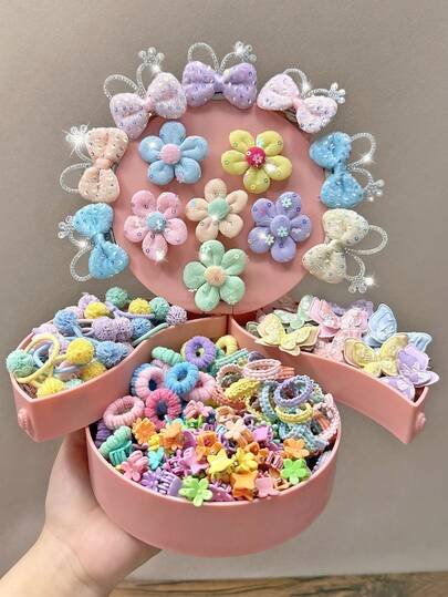 176pcs Macaron Color Cute Hair Accessories Set For Girls, Includes Glitter Rabbit Ear Bows/Sequin Flowers/Jacquard Double Layer Butterfly Hair Clips, Mini Claw Clips, High Elasticity Non-Damaging Hair Ties, Suitable For Daily Wear/Performance/Gift