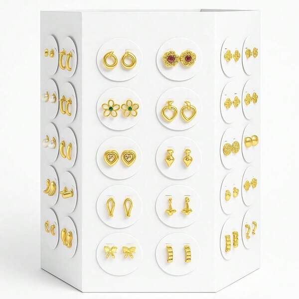 Kit 60 Pares Brincos Folheados A Ouro + Expositor, Atacado!