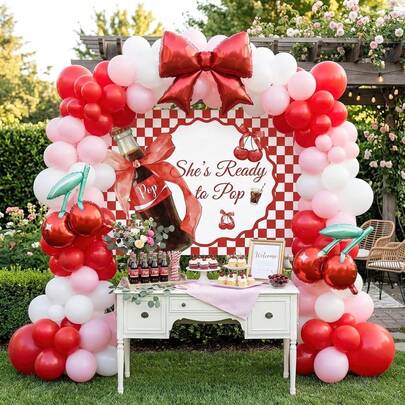 111pcs Cherry-Themed Balloon Arch Set, Includes Cherry And Bow Foil Balloons, As Well As Red, Pink, And White Latex Balloons. Perfect For Birthday Parties, Bachelor/Bachelorette Parties, Weddings, Bridal Showers, And Cherry-Themed Party Decorations.