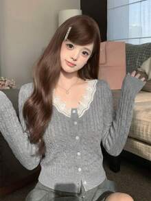 Women's Grey Cable Knit Cardigan, V-Neck Single-Breasted Short Slim Fit Long Sleeve Top, Fluffy Sweater, Korean Style, Ins Style Fall - Grey - View 3