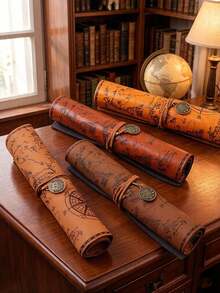 Vintage World Map Scroll Pencil Case, Vintage Compass Print PU Leather Pencil Pouch, Large Capacity Portable Stationery Storage Bag, Suitable For Students, School, Back To School, Office Desk Decor, Travel Gift - W - View 2