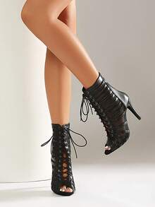 Women's Lace-Up High Heel Ankle Boots, Latin Dance Shoes, Pointed Toe, Suitable For Sports, Party, Autumn/Spring - Black - View 3