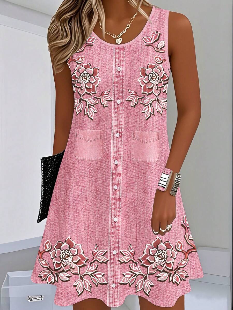 Summer Dress With Color Gradient And Plant Print, Vintage Style, Sleeveless, Loose And Flattering Cut. - Pink - View 1